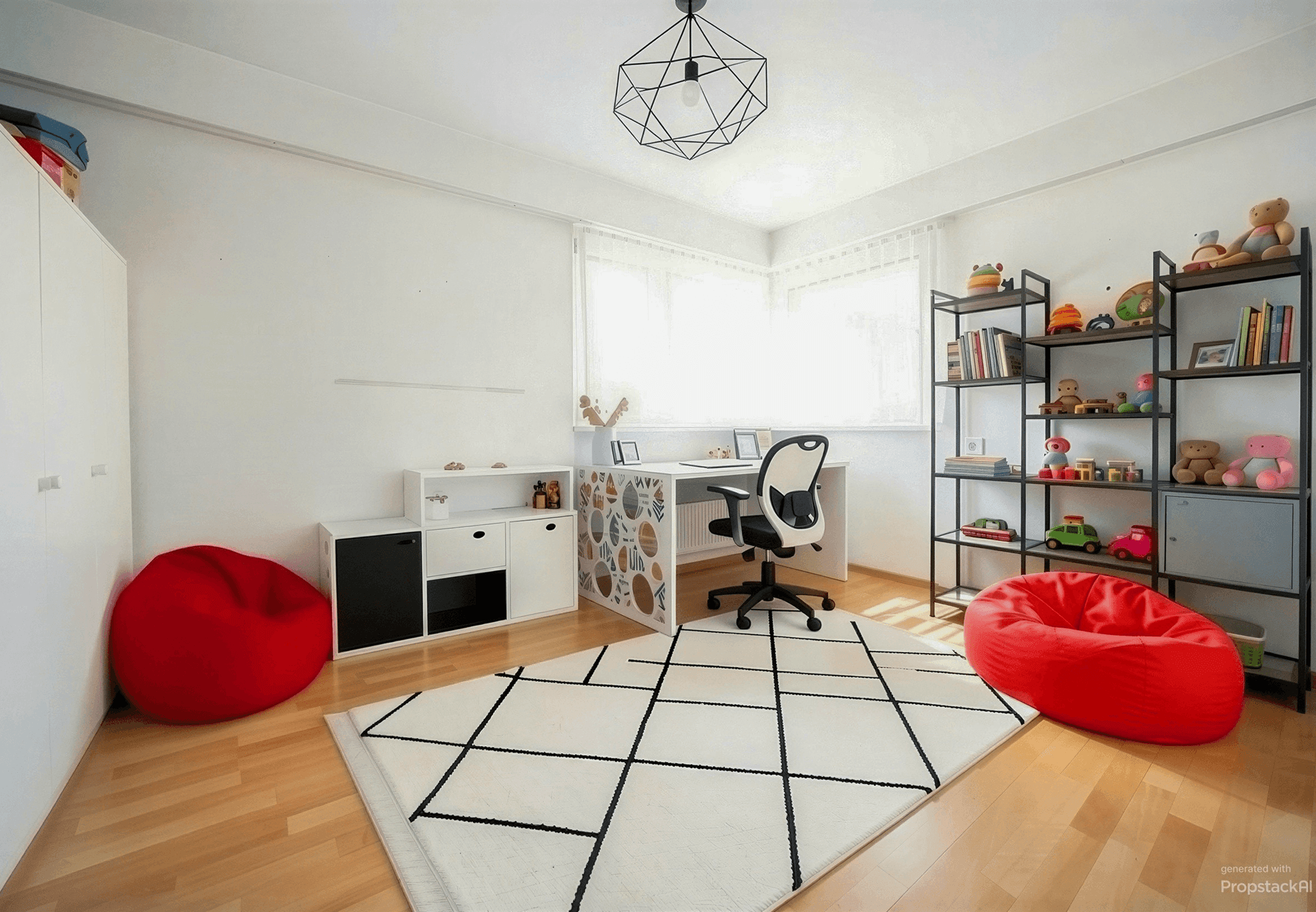 Kinderzimmer oder Büro mit Schreibtisch, Regalen und hellem Holzboden.