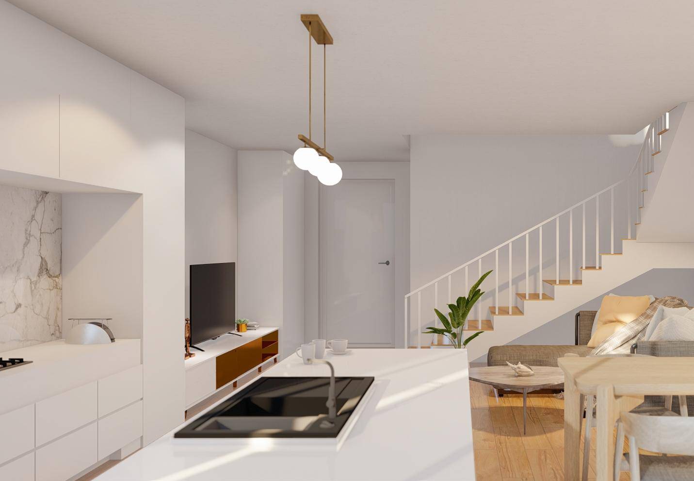 Moderne offene Küche mit Kochinsel und angrenzendem Wohnbereich mit Treppe.
