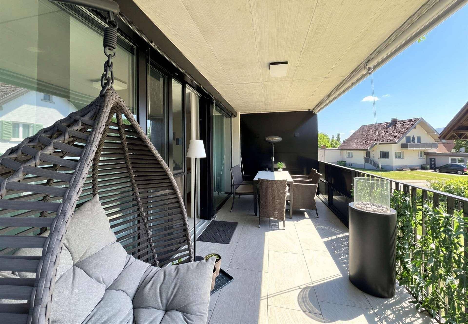 Großer Balkon mit gemütlichen Gartenmöbeln und Blick auf die Umgebung.