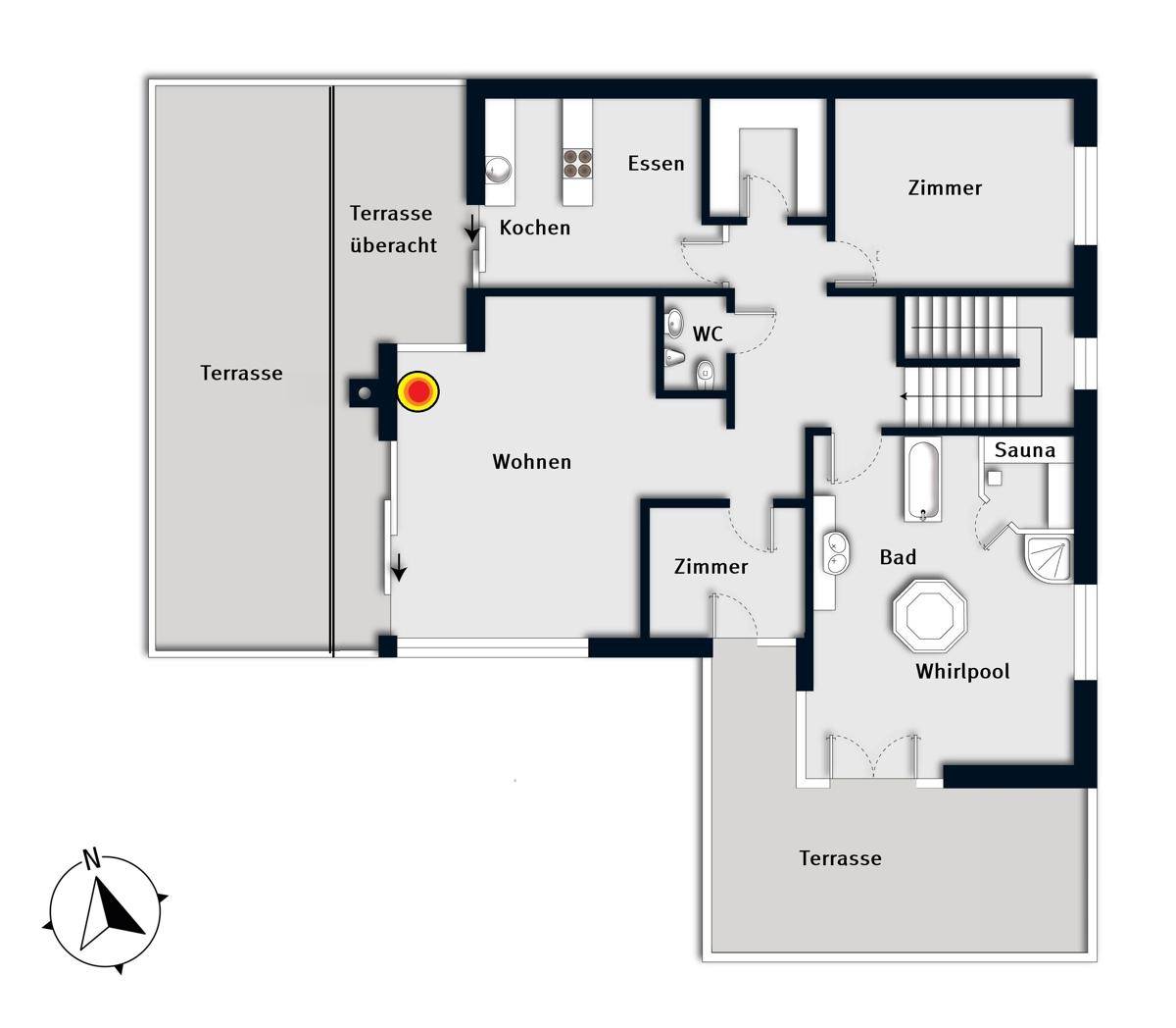 Grundriss des Obergeschosses mit Wohnbereich, Küche, Schlafzimmern, Bad, Whirlpool und Terrassen.
