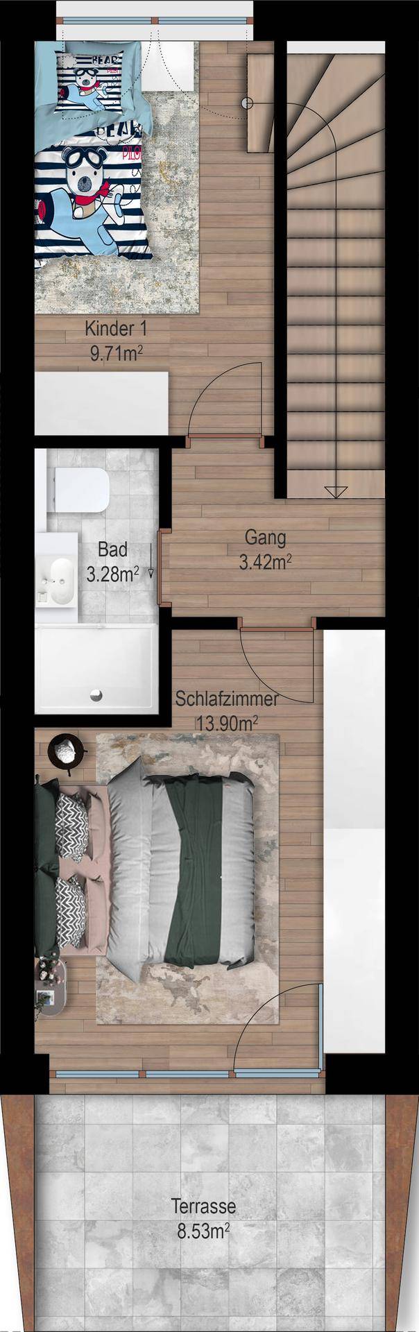 Grundriss des Obergeschosses mit zwei Schlafzimmern, Bad und Zugang zur Terrasse.