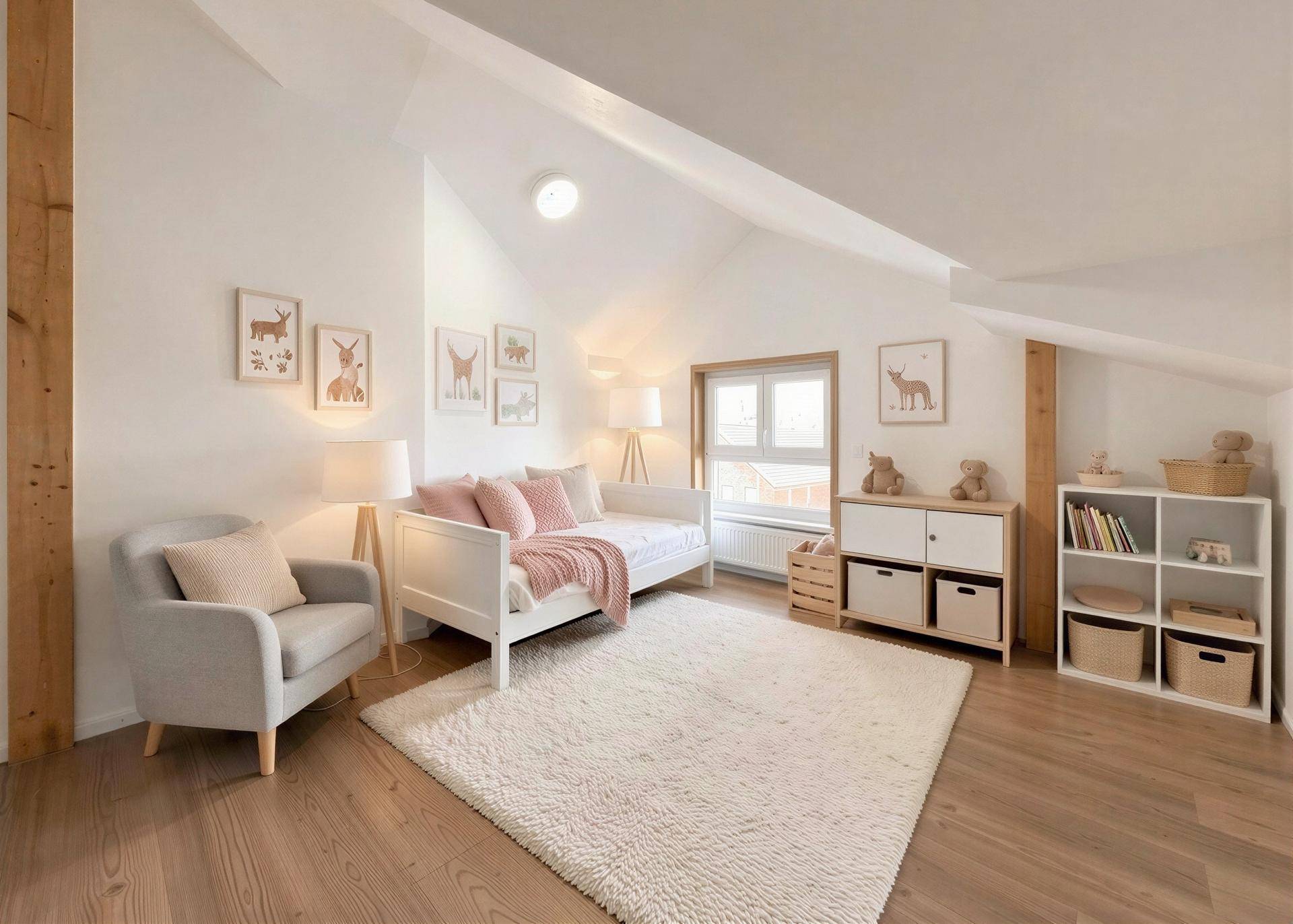 Gemütliches Kinderzimmer mit Holzbalkendecke, Tagesbett und kindgerechter Dekoration.