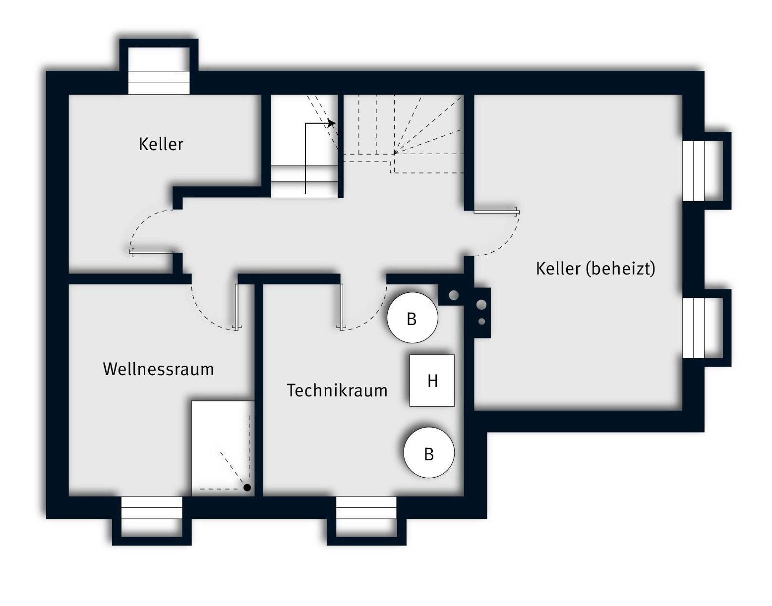Grundriss des Untergeschosses mit Keller, Technikraum und einem separaten Wellnessbereich.