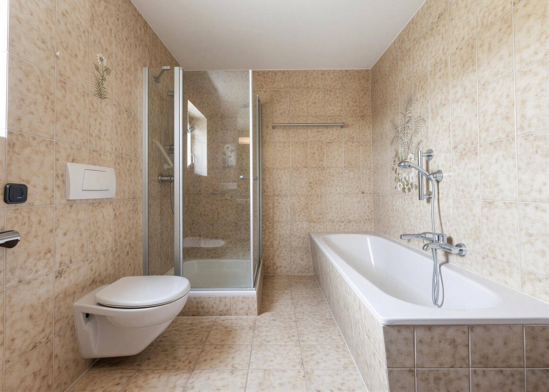 Badezimmer mit beigefarbenen Fliesen, Badewanne, Dusche und wandhängendem WC.