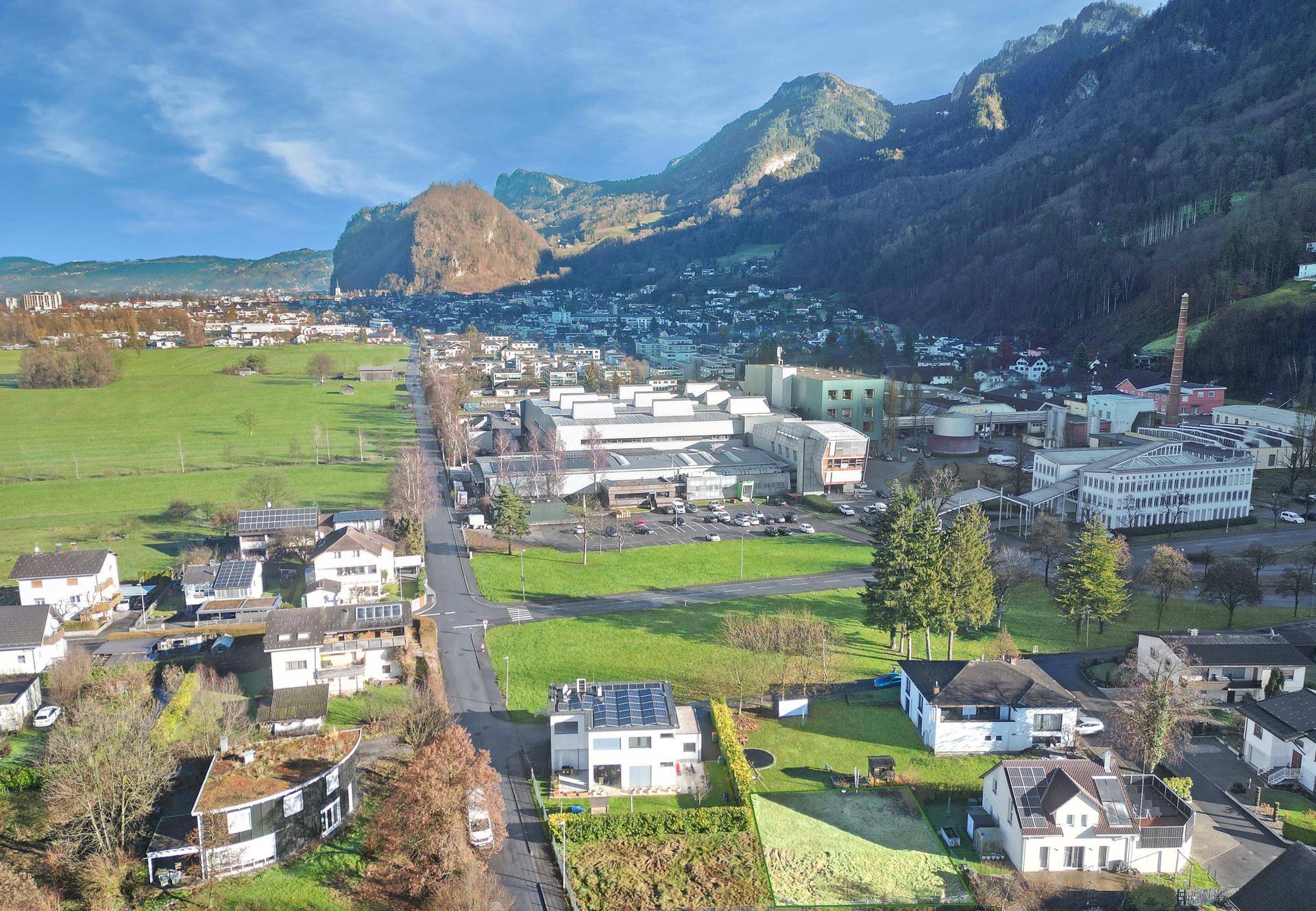 Übersicht der Wohngegend mit Einfamilienhäusern, grünen Feldern und Bergpanorama.