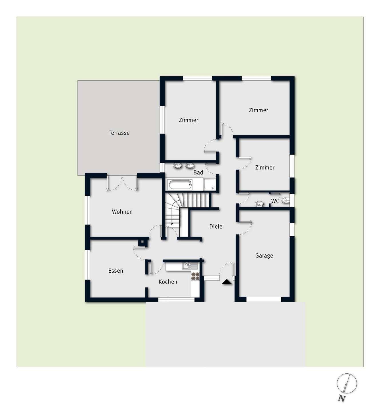 Grundriss des Erdgeschosses mit Wohnzimmer, Esszimmer, Küche und Terrasse.