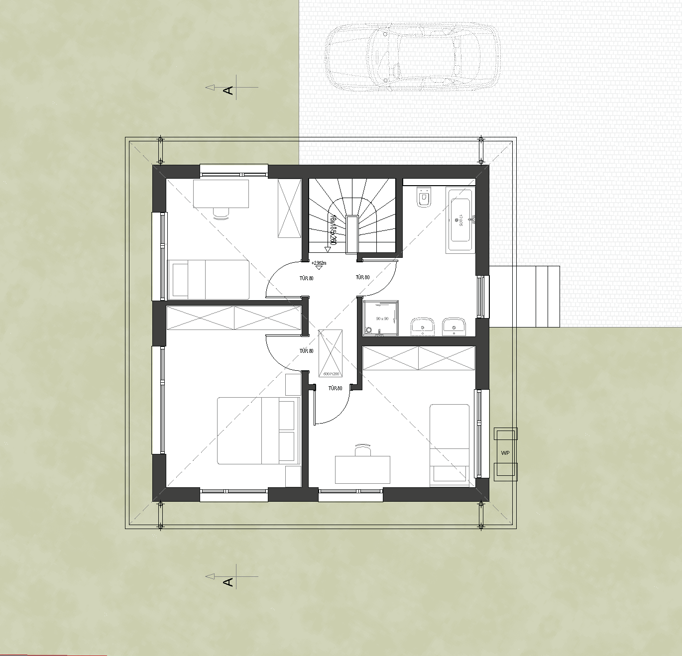 Grundriss des Obergeschosses mit drei Schlafzimmern und Badezimmer.