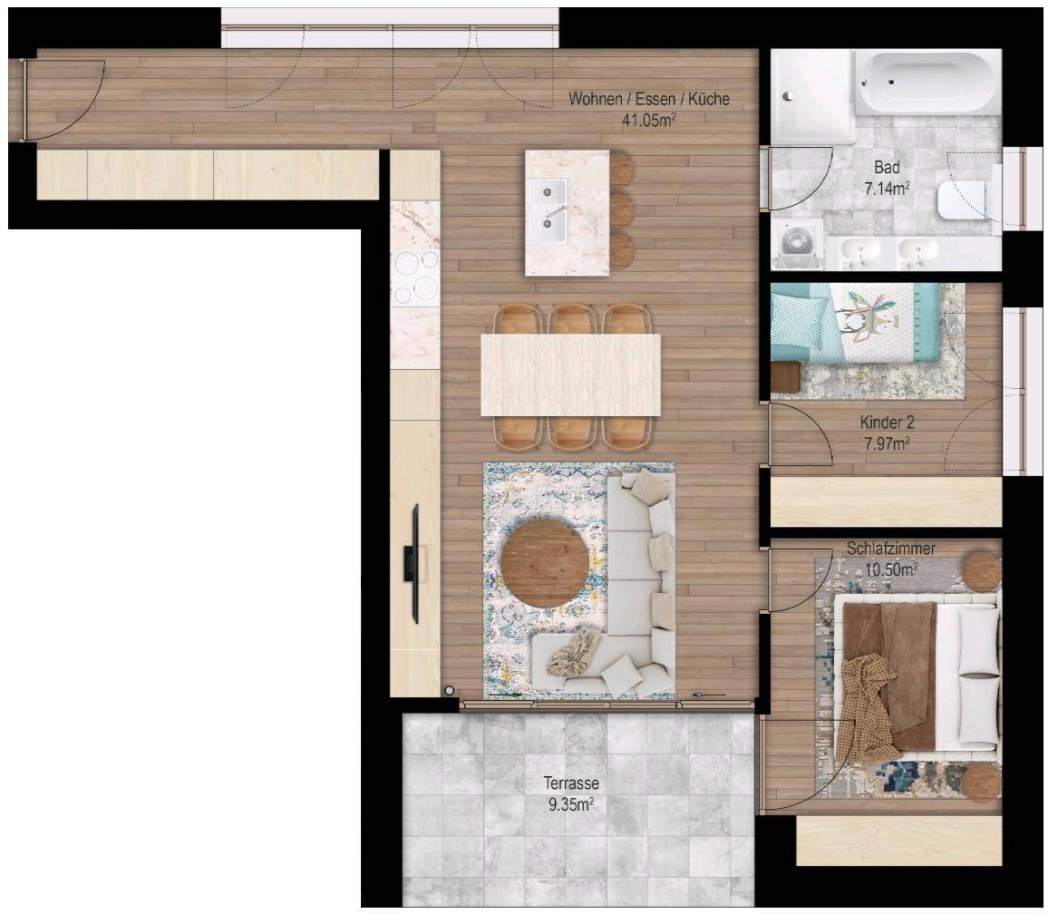 Detaillierter Grundriss einer Wohnung mit offener Küche, Wohnbereich, zwei Schlafzimmern und Terrasse.