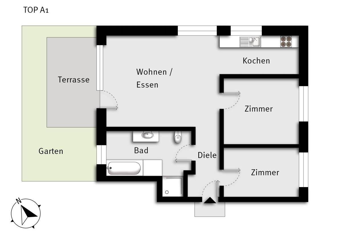 Grundriss der Wohnung A1 im Erdgeschoss mit Wohn-Essbereich, zwei Zimmern, Bad, Terrasse und Garten.