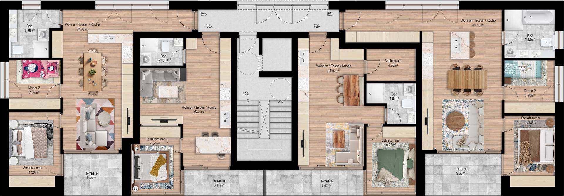 Detaillierter Grundriss einer Etage mit mehreren Wohnungen, möblierten Bereichen und Terrassen.