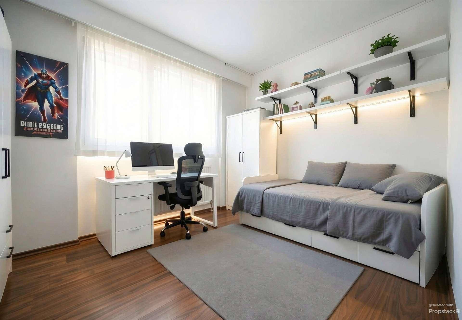 Modernes Kinderzimmer mit Schreibtisch, Bett und Regalen an der Wand.