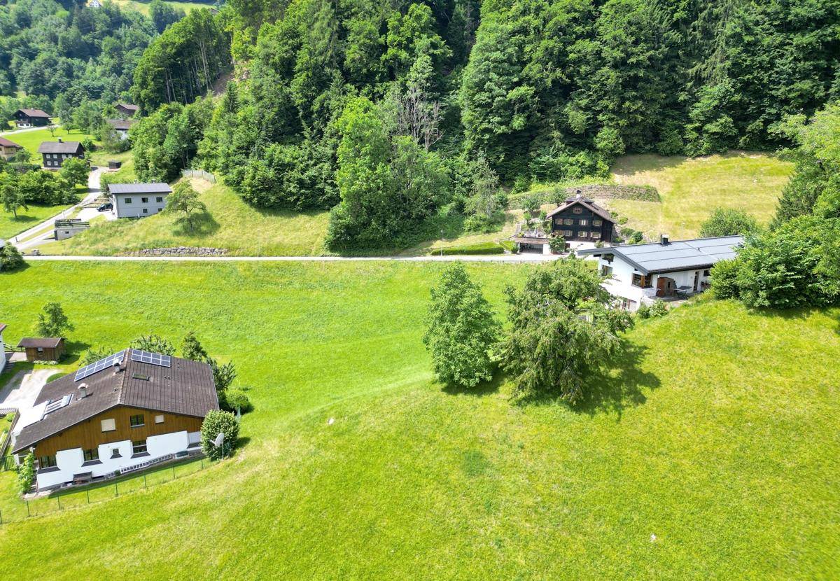 Panoramablick auf grüne Hügel mit verstreuten Wohnhäusern und üppiger Vegetation in der Landschaft.