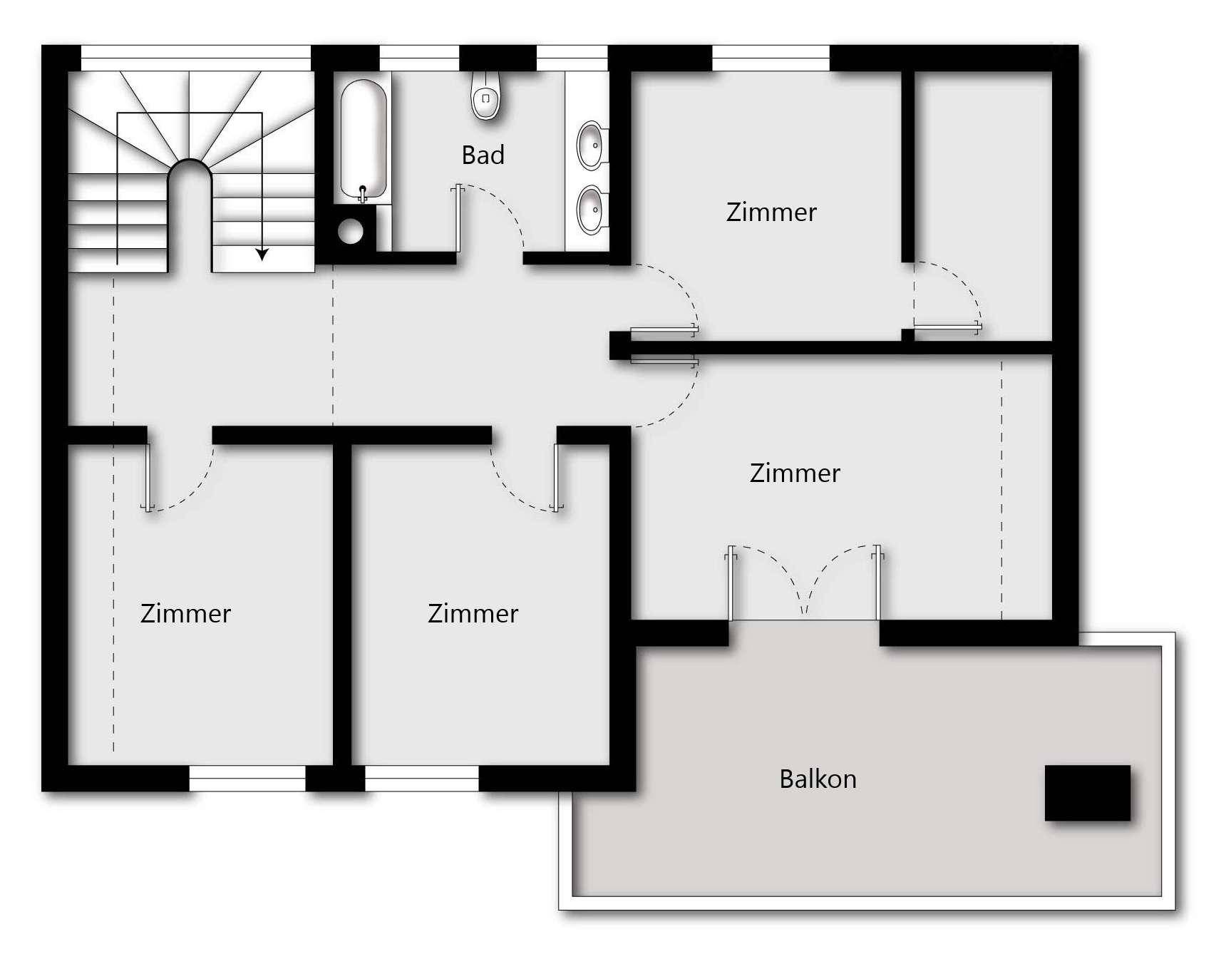 Grundriss des Obergeschosses mit mehreren Zimmern, Badezimmer und einem Balkon.
