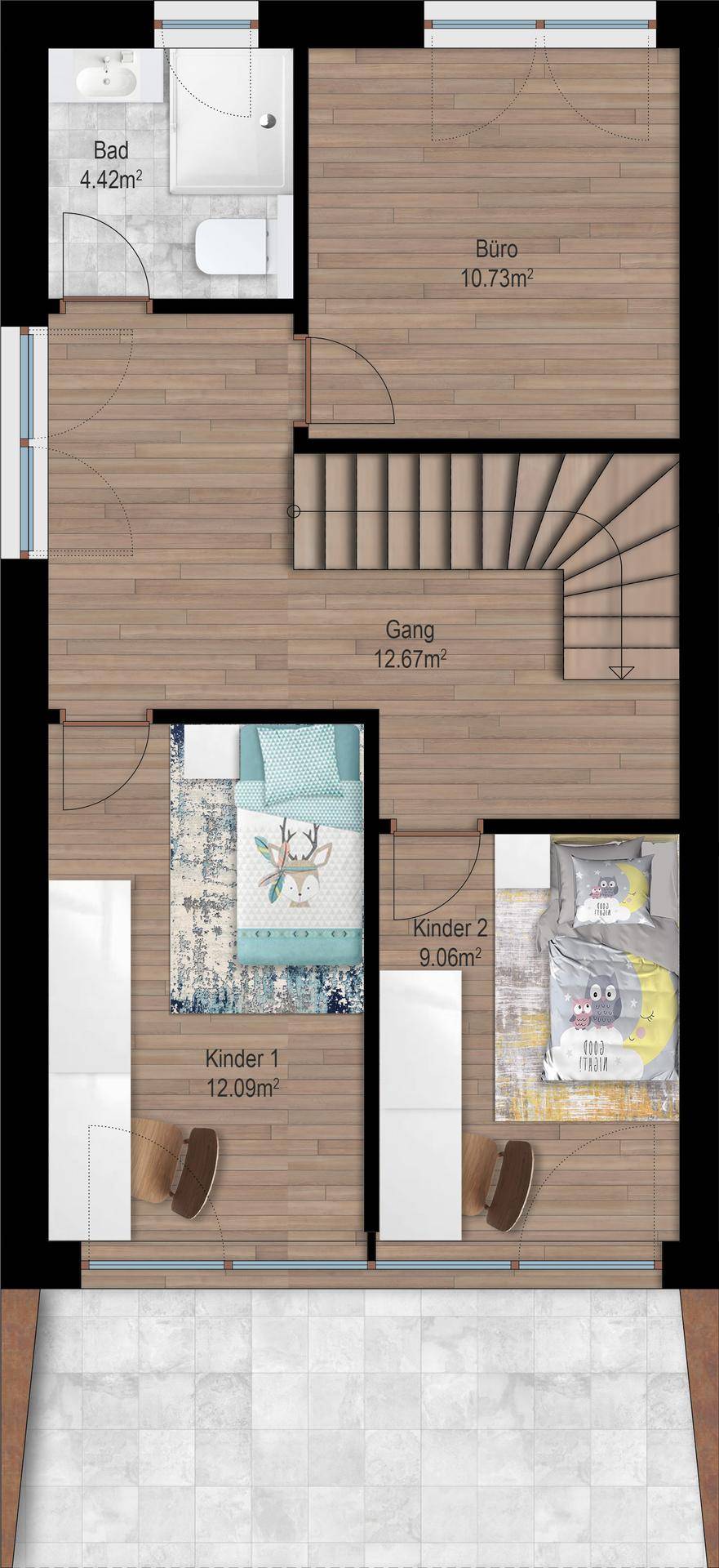 Grundriss des Obergeschosses mit zwei Kinderzimmern, Büro und Badezimmer.