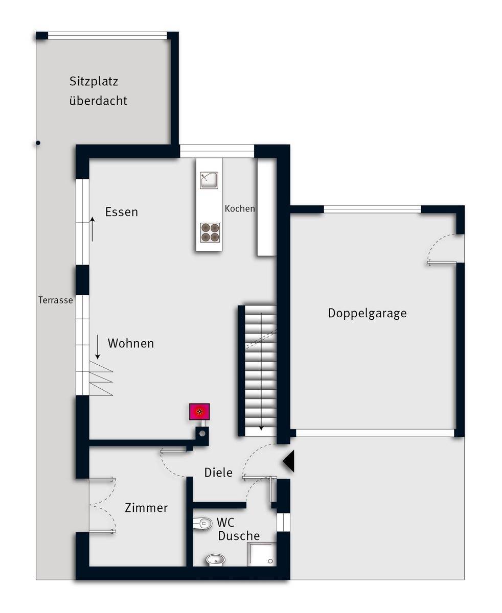 Grundriss des Erdgeschosses mit Wohn-, Ess- und Kochbereich, Terrasse und Doppelgarage.