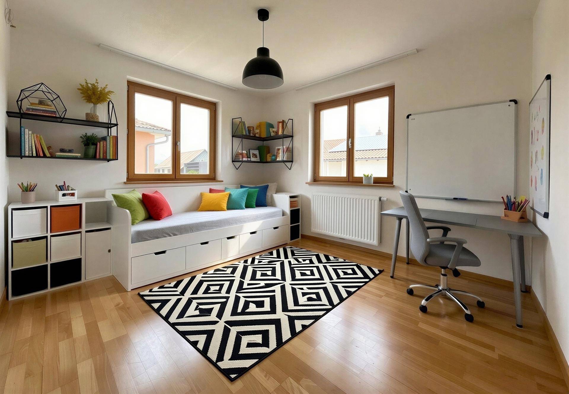Modernes Kinderzimmer mit Tagesbett, Schreibtisch und bunten Kissen.