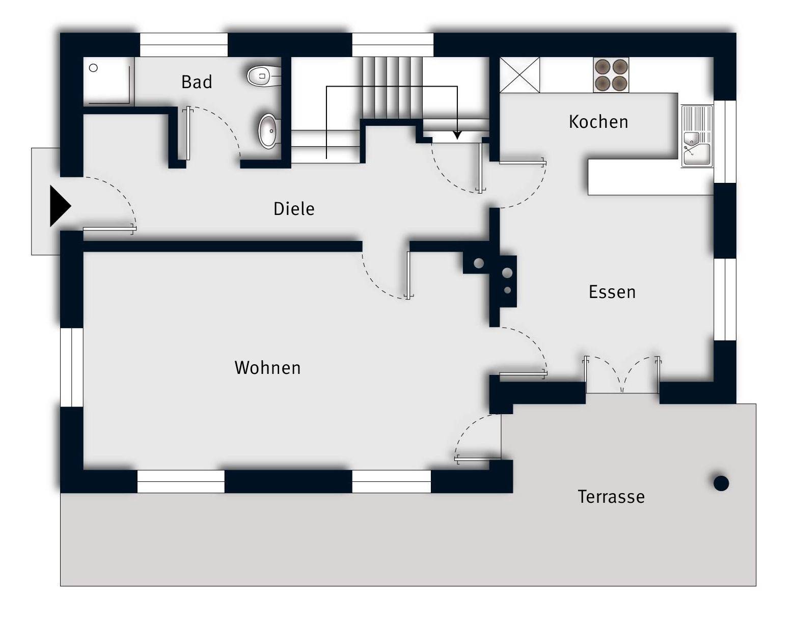 Grundriss des Erdgeschosses mit offenem Wohn- und Essbereich, integrierter Küche und großer Terrasse.