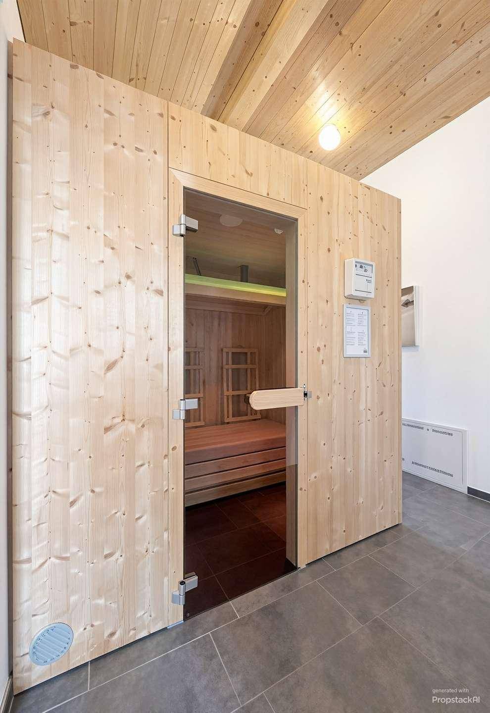 Eingang zu einer modernen Sauna mit Holzverkleidung und Glastür, Teil eines Wellnessbereichs.