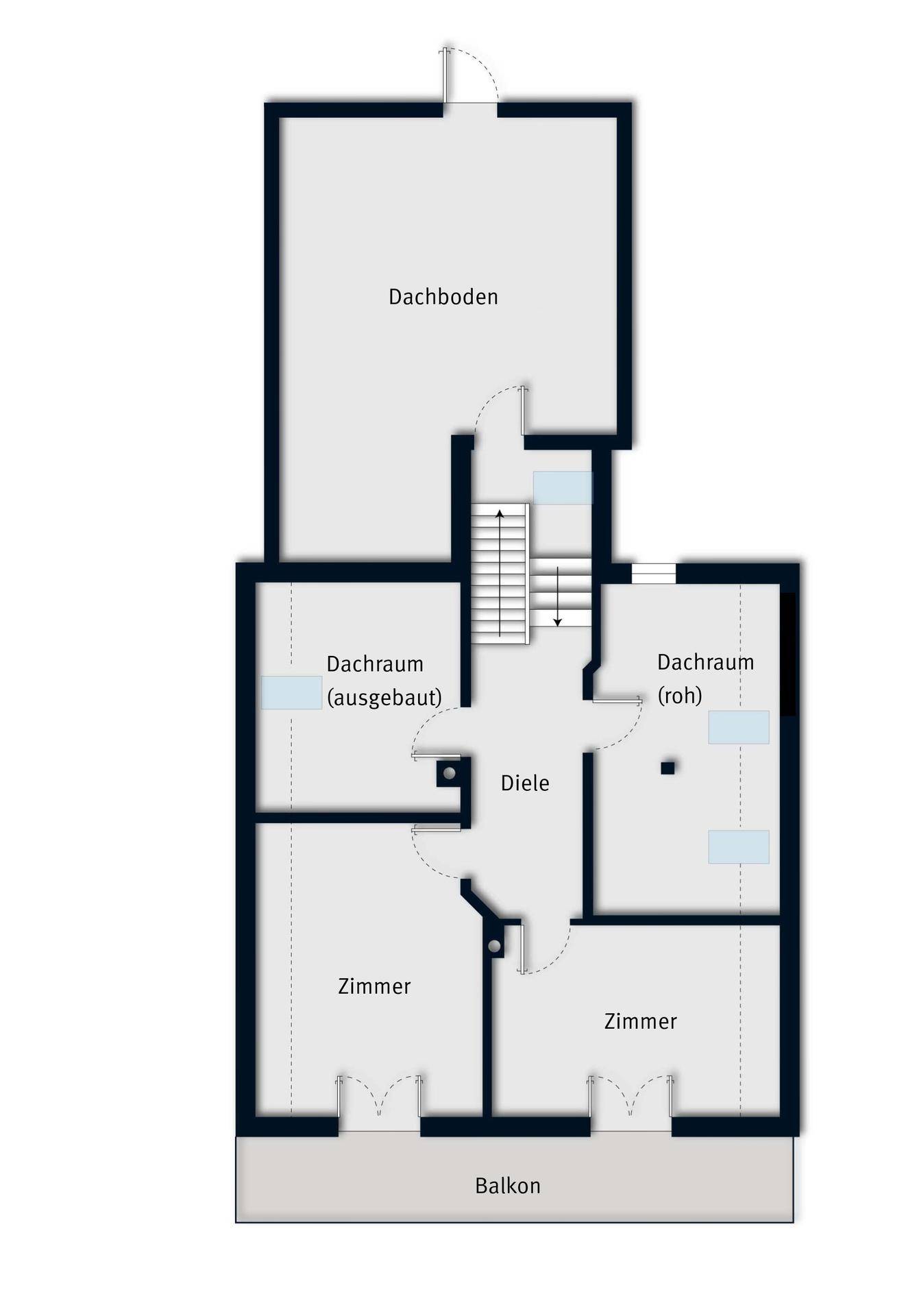 Grundriss des Obergeschosses mit Dachboden, ausgebauten und rohen Dachräumen sowie Balkon.