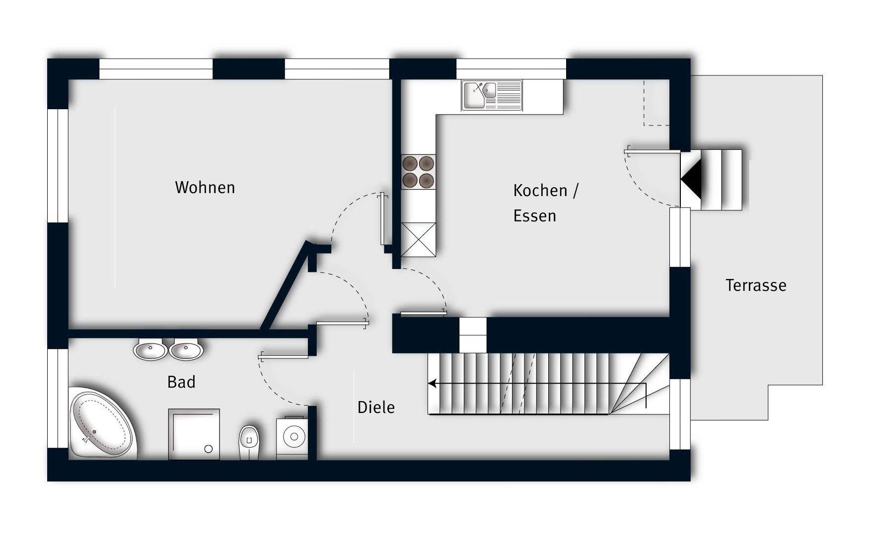 Grundriss mit Wohnzimmer, Küche/Essbereich, Bad und Zugang zur Terrasse.