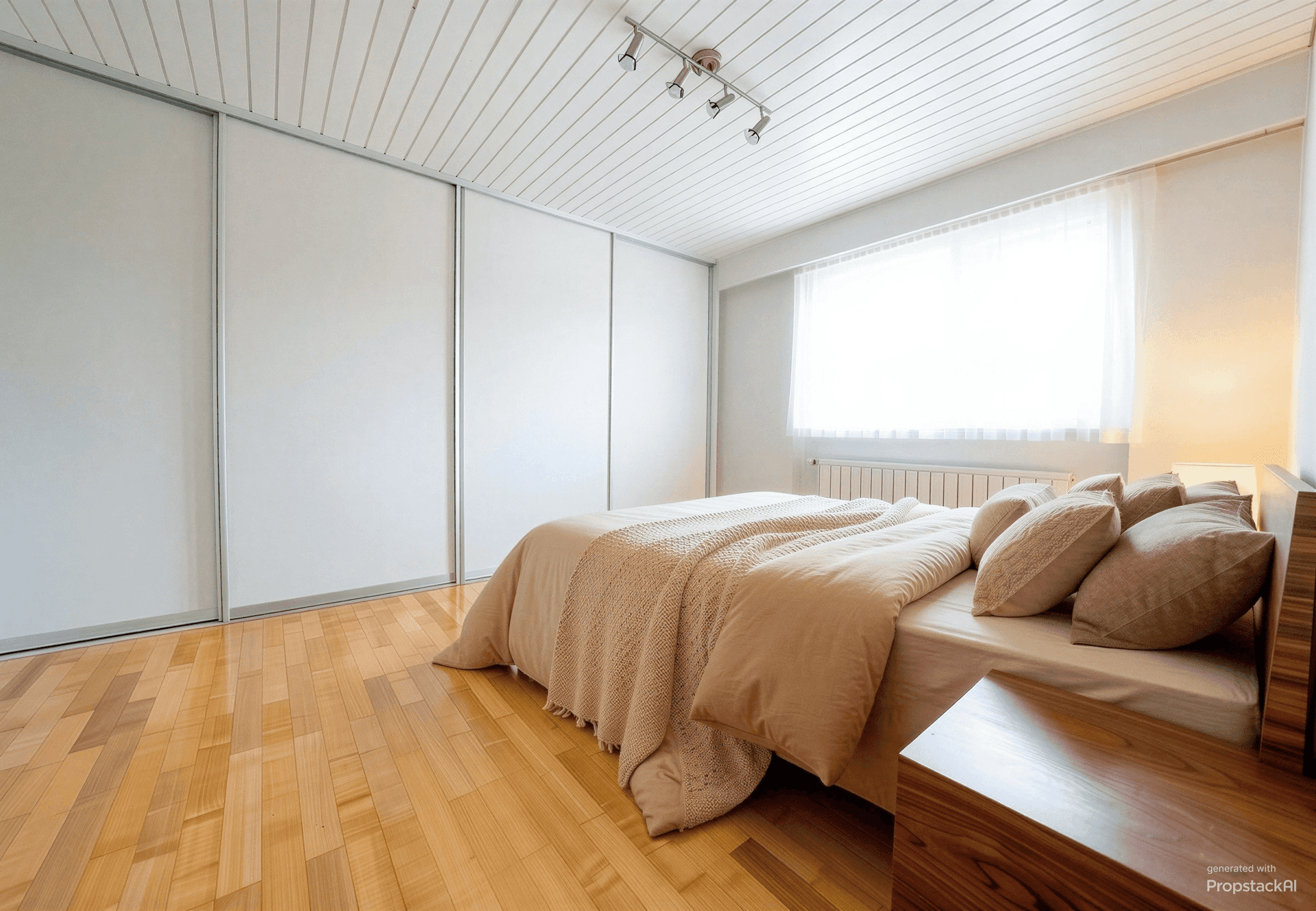 Schlafzimmer mit Holzboden, Einbauschränken und großem Fenster.