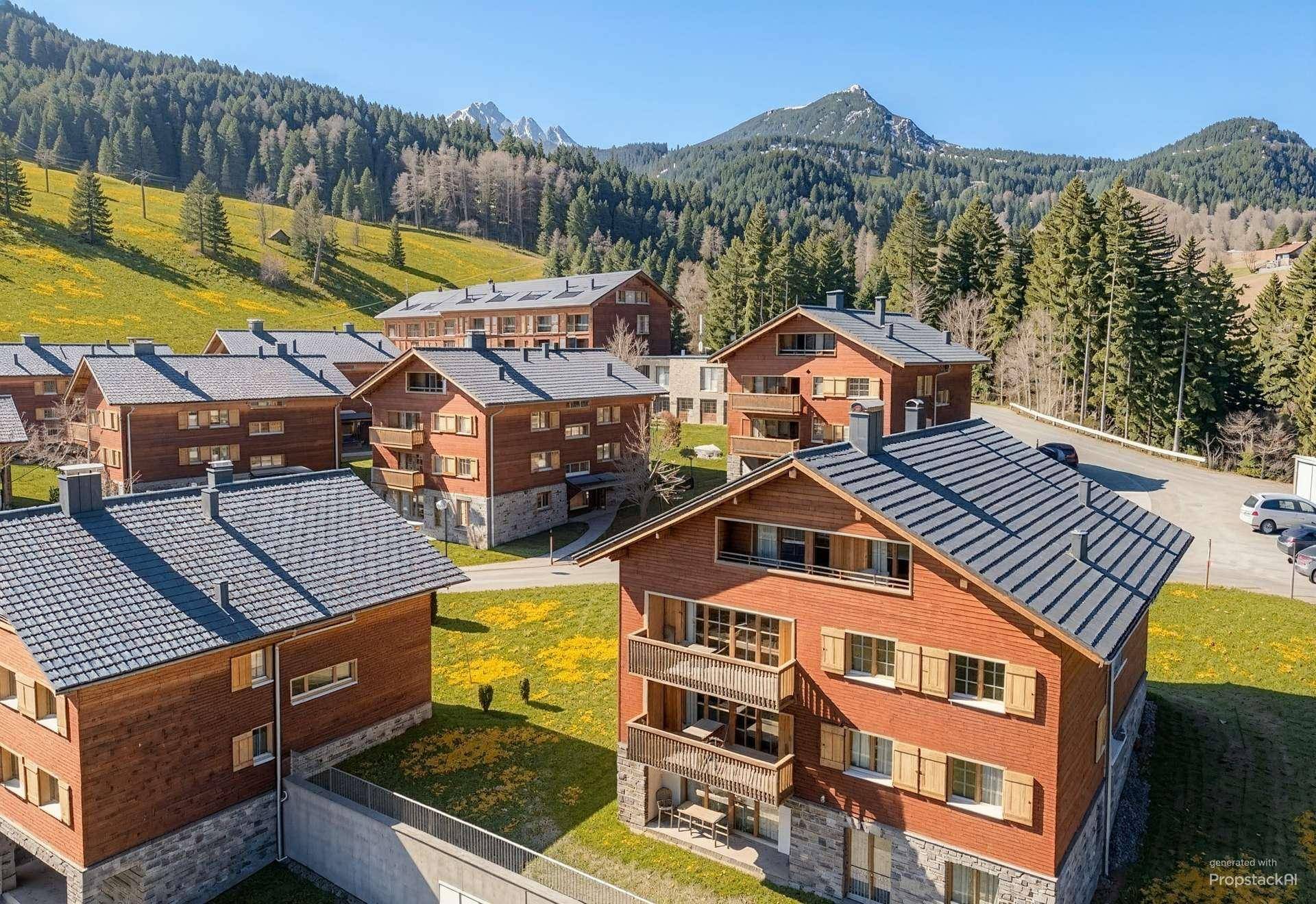 Gruppe von charmanten Holzhäusern mit Schindeldächern in einer malerischen Berglandschaft.