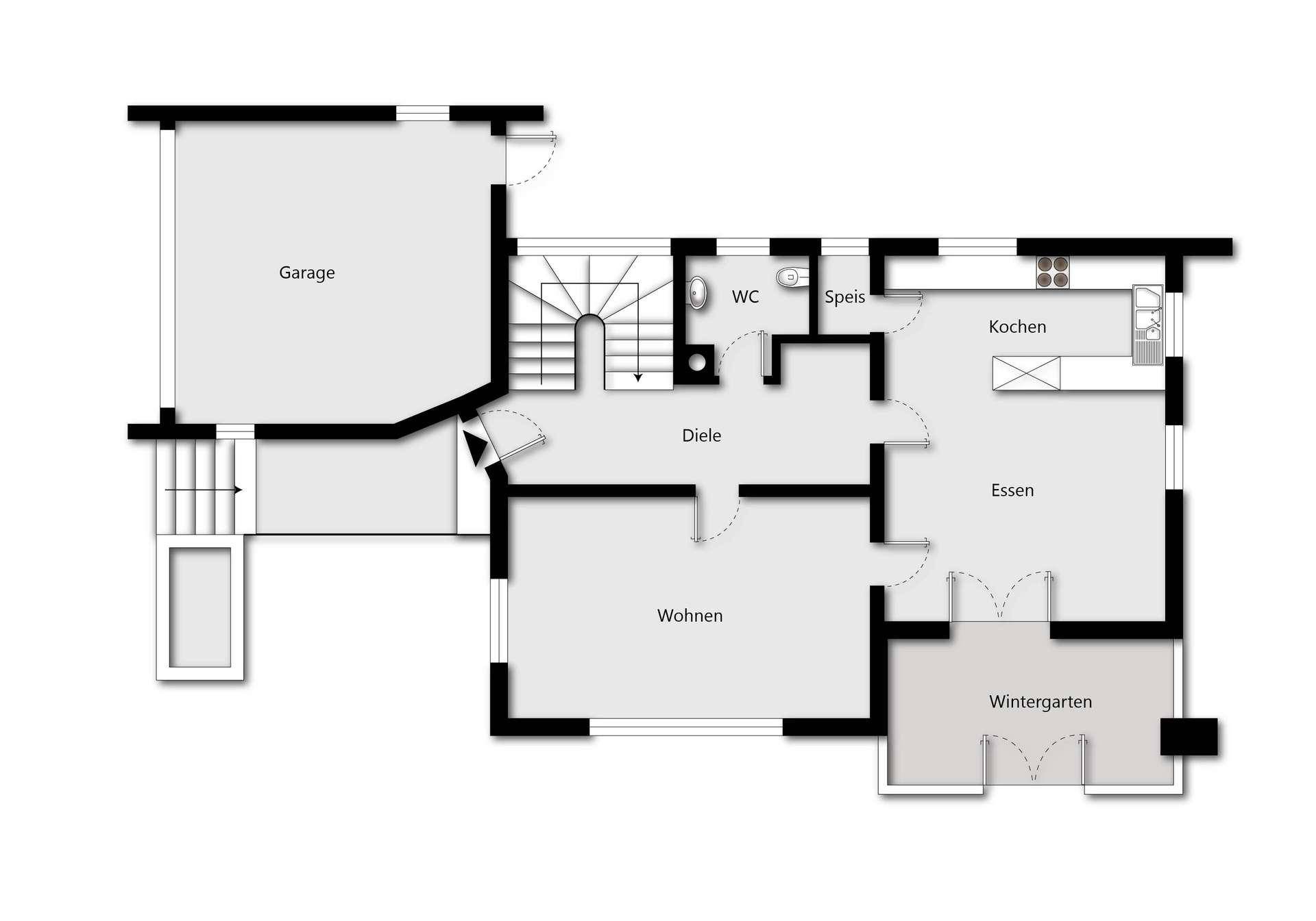 Grundriss des Erdgeschosses mit Wohnzimmer, Essbereich, Küche, Garage und Wintergarten.