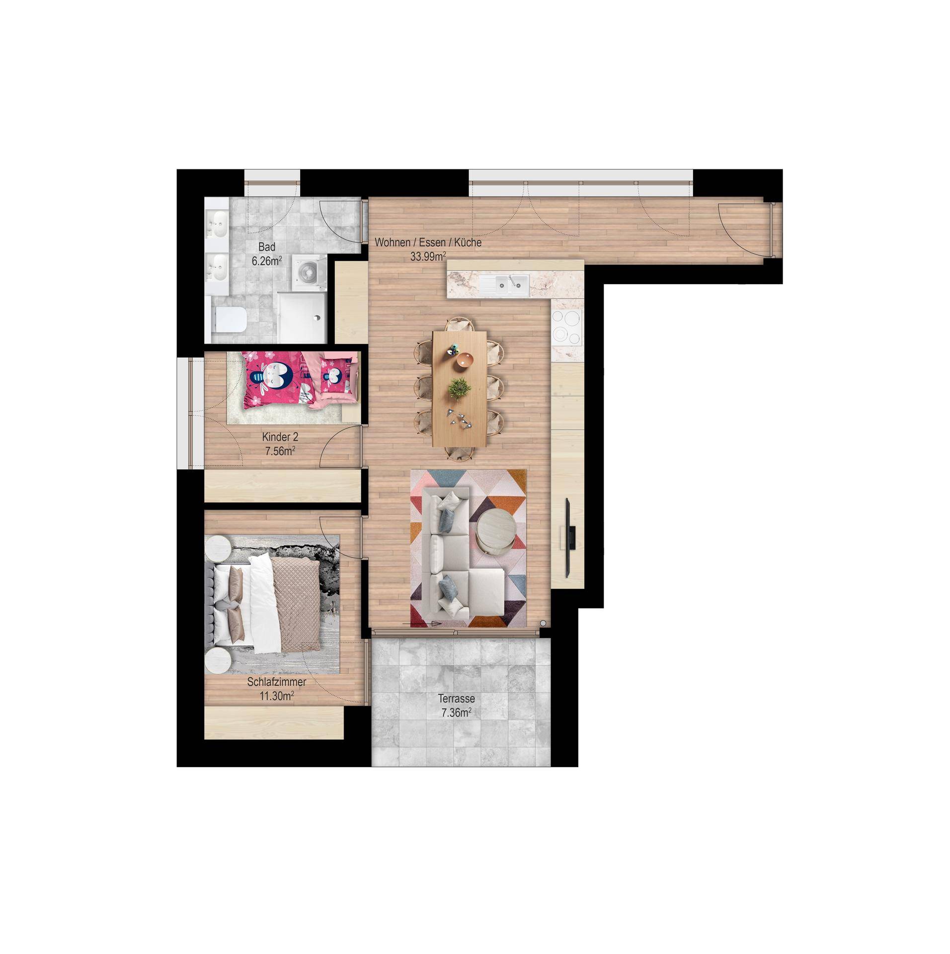 Grundriss einer L-förmigen Wohnung mit offenem Wohnbereich, zwei Schlafzimmern und einer Terrasse.
