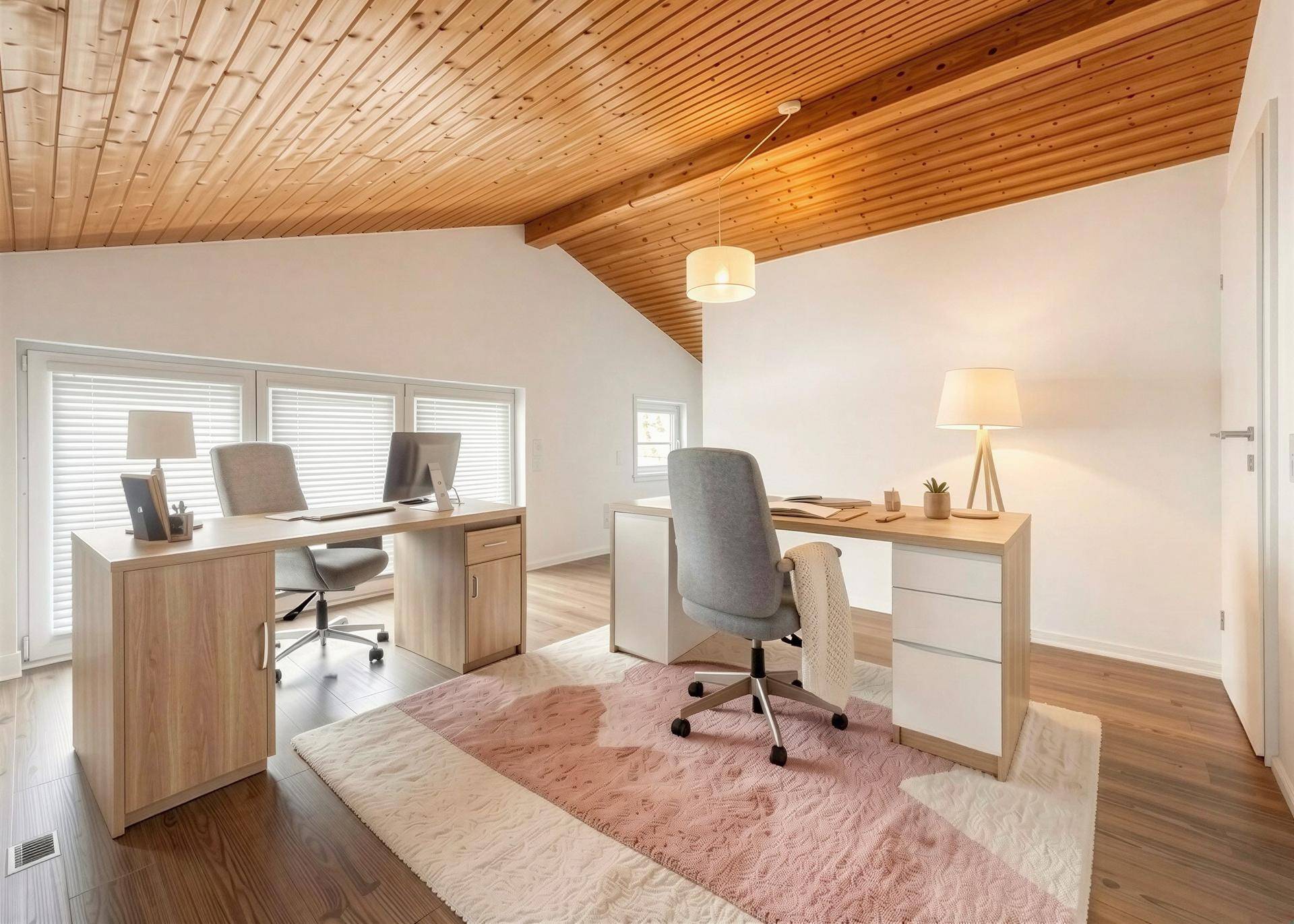 Geräumiges Büro mit Holzbalkendecke, zwei Arbeitsplätzen und viel natürlichem Licht.
