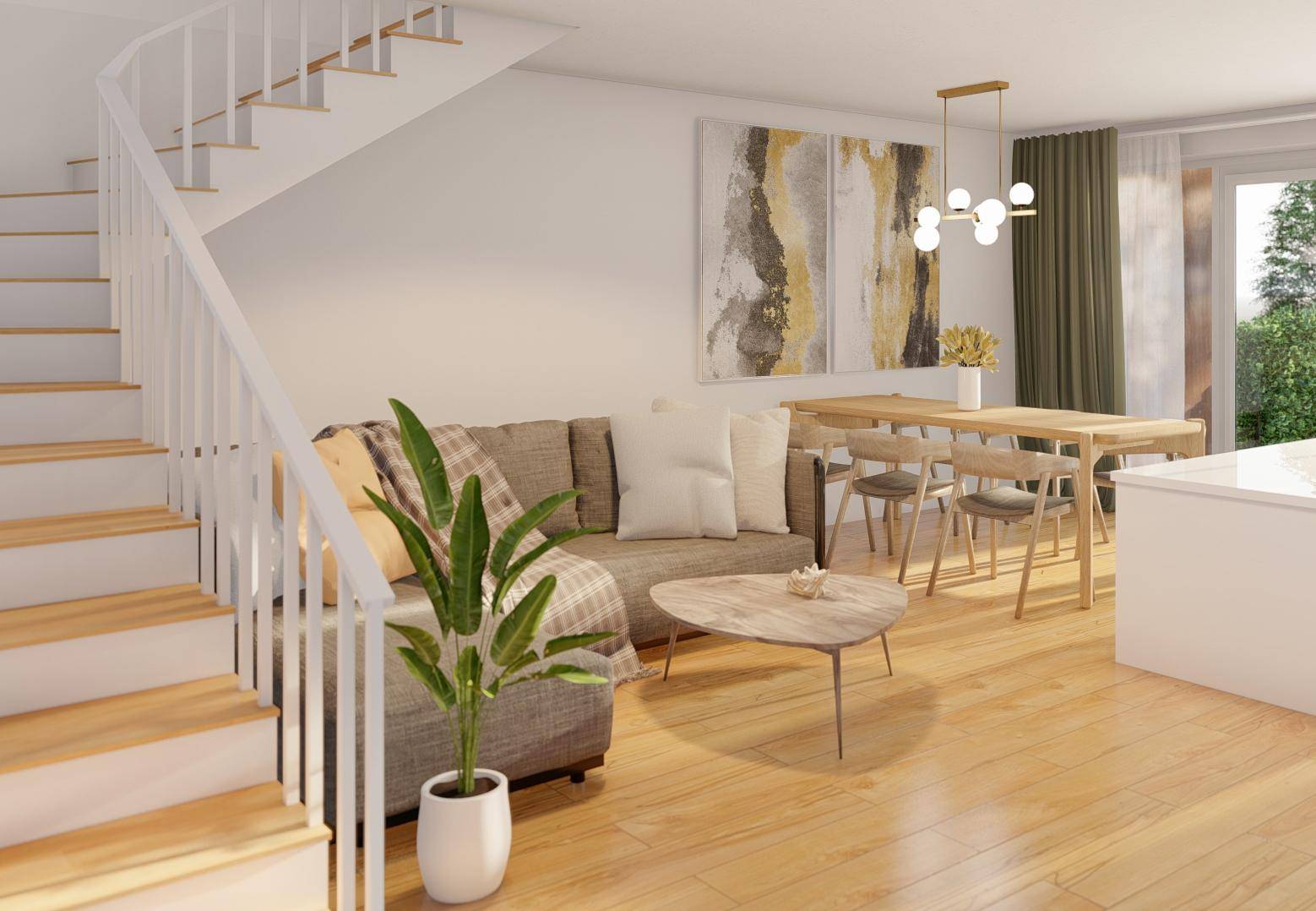 Gemütlicher Wohnbereich mit Esstisch, Sofa und Treppe, hell und modern eingerichtet.