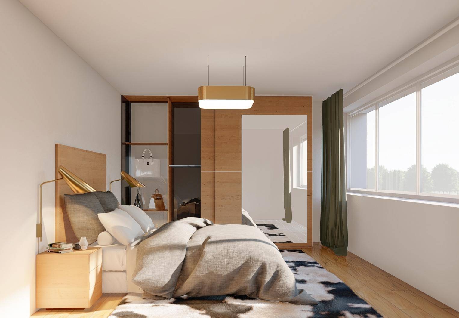 Helles Schlafzimmer mit modernem Design, Holzmöbeln, großem Fenster und Spiegelkleiderschrank.