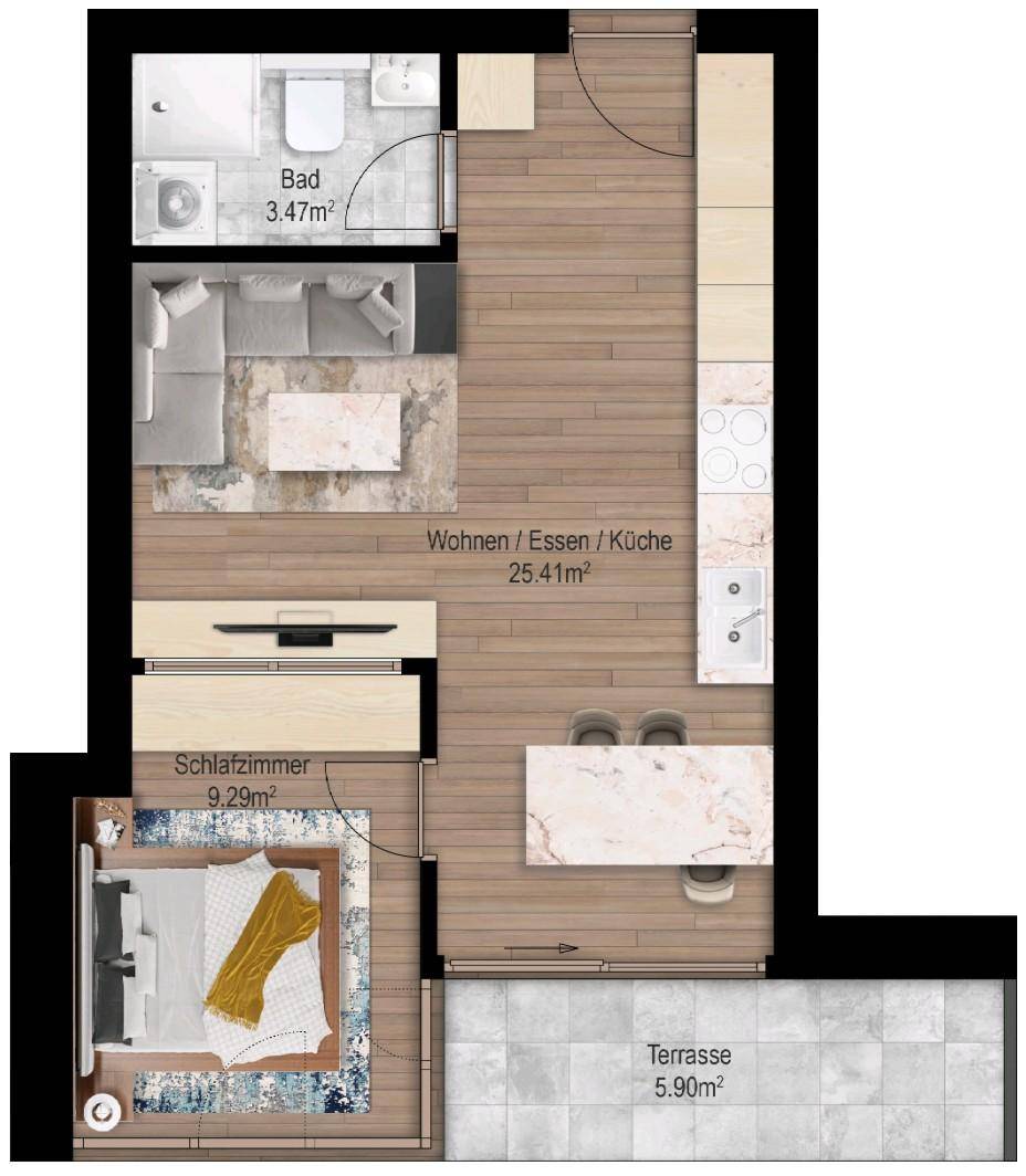 Detaillierter Grundriss einer Wohnung mit offenem Wohn-/Ess-/Kochbereich, Schlafzimmer und Terrasse.