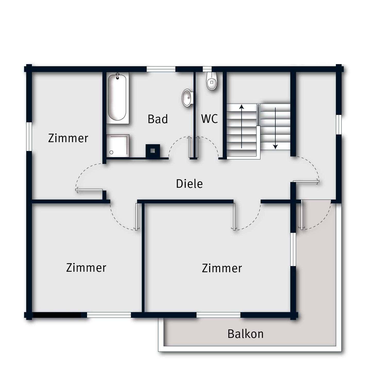 Grundriss des Obergeschosses mit drei Zimmern, Bad, WC und Balkon.