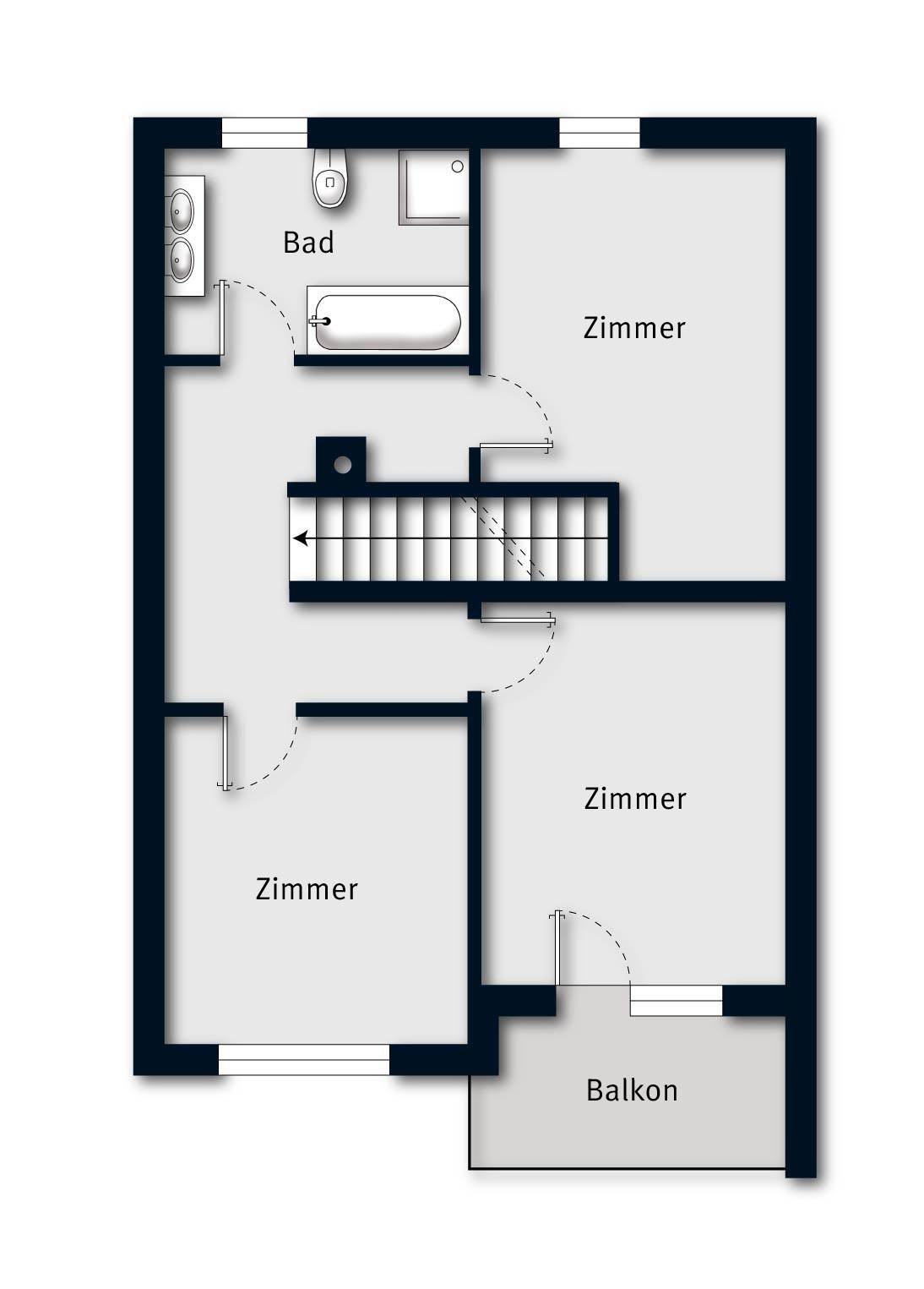 Grundriss des Obergeschosses mit drei Zimmern, einem Badezimmer und einem Balkon.