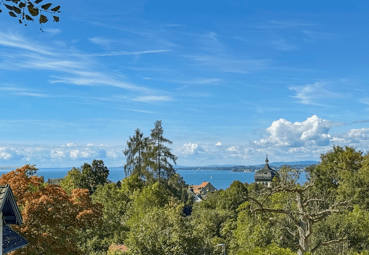 Panoramablick auf den See und die bewaldete Landschaft mit herbstlichen Bäumen im Vordergrund.