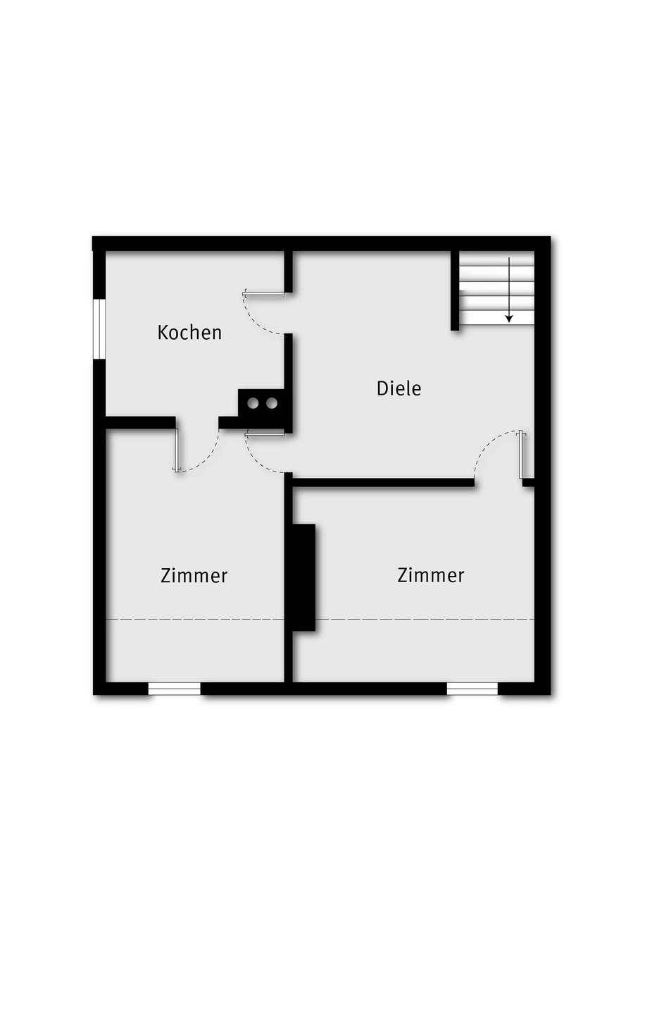 Grundriss des Dachgeschosses mit Küche, Diele und zwei weiteren Zimmern.