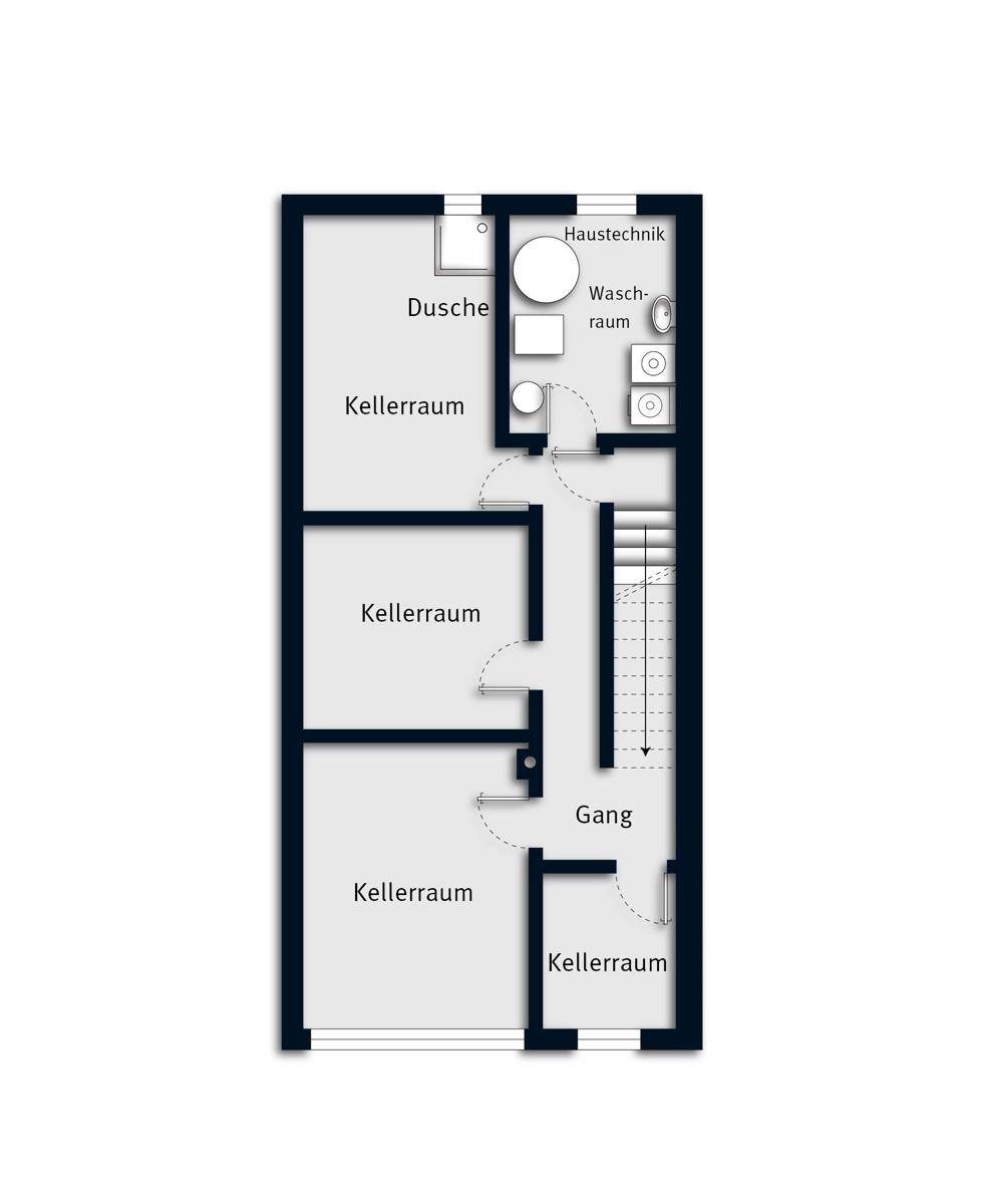 Grundriss des Kellergeschosses mit mehreren Kellerräumen, Dusche und Waschraum.