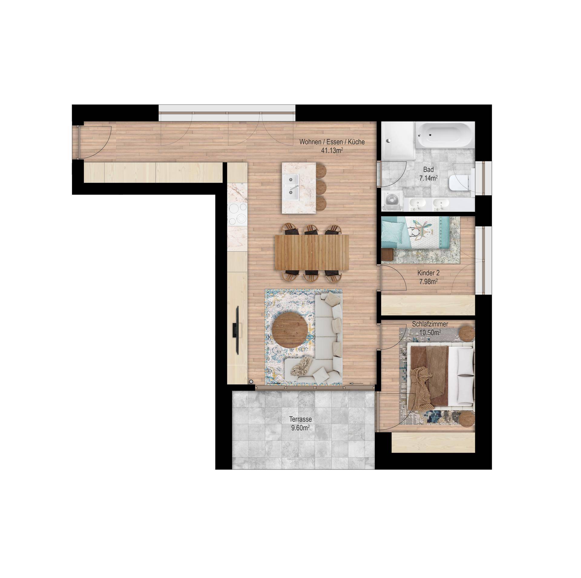 Grundriss einer L-förmigen Wohnung mit großem offenem Wohnbereich, zwei Schlafzimmern und Terrasse.