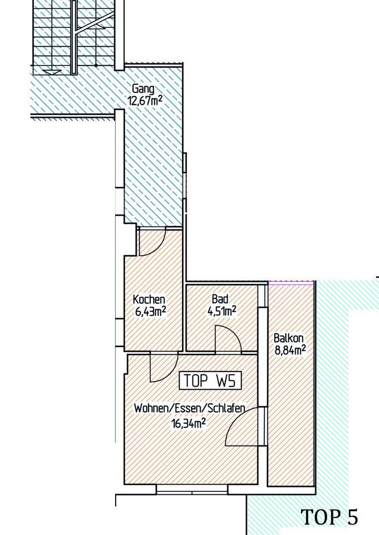 Grundriss einer Wohnung mit Küche, Bad, Wohn-/Ess-/Schlafbereich und Balkon.