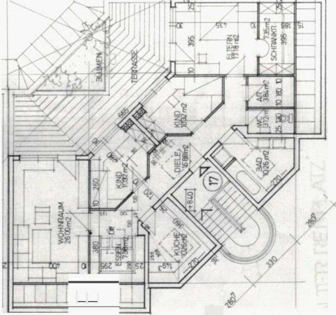 Detaillierter Grundriss mit Wohnraum, Küche, Schlafzimmern und Terrasse.
