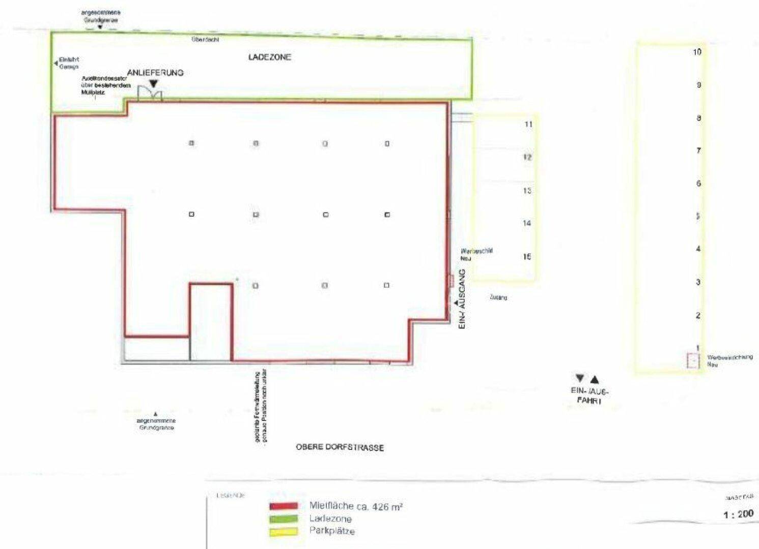 Grundrissplan zeigt die Aufteilung der Mietfläche mit Ladezone und Parkplätzen.