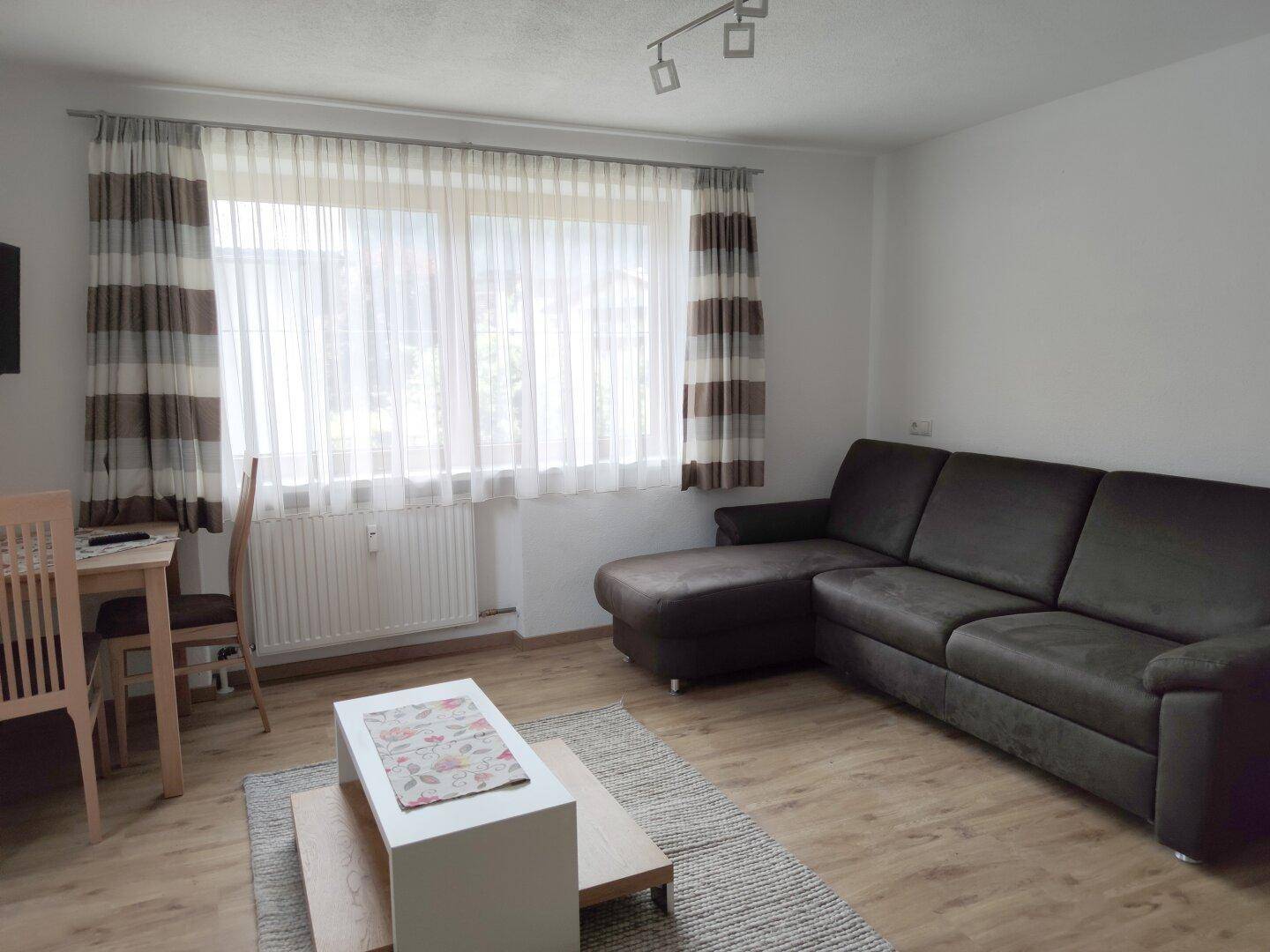 Heller Wohnbereich mit großem Fenster, bequemer Couch und Essbereich für entspannte Stunden.