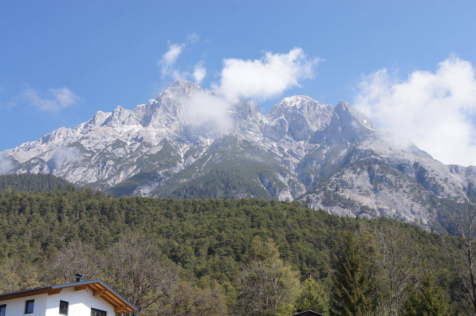 Majestätische Berglandschaft mit schneebedeckten Gipfeln und dichten Wäldern unter blauem Himmel.