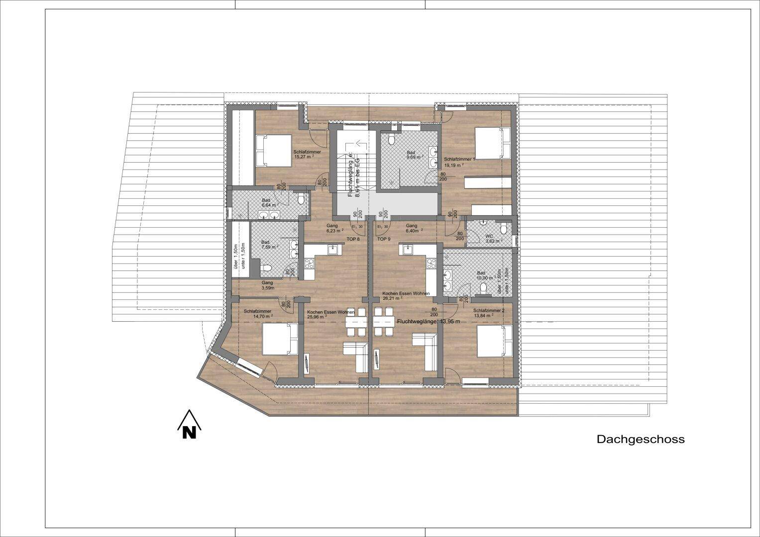 Grundriss des Dachgeschosses mit mehreren Wohneinheiten und schrägen Dächern.