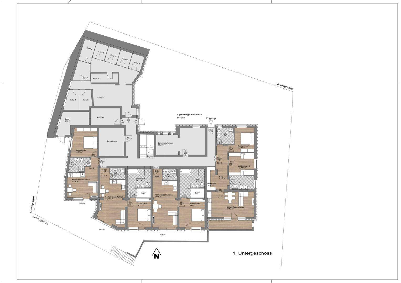 Grundriss des ersten Untergeschosses mit mehreren Wohneinheiten und Tiefgaragenzugang.