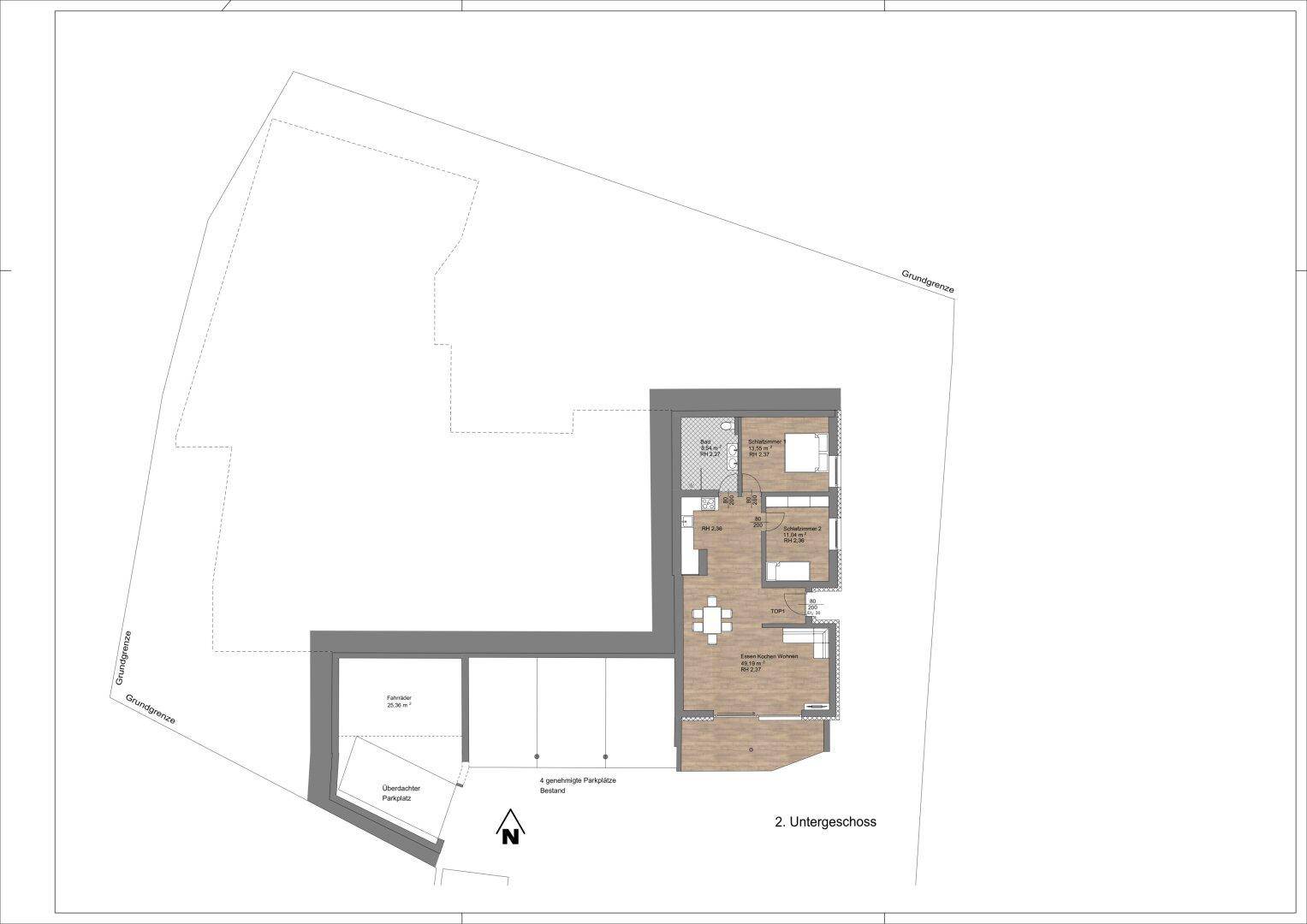 Grundriss des 2. Untergeschosses mit Schlafzimmern, Wohn-Essbereich und Parkplatz.