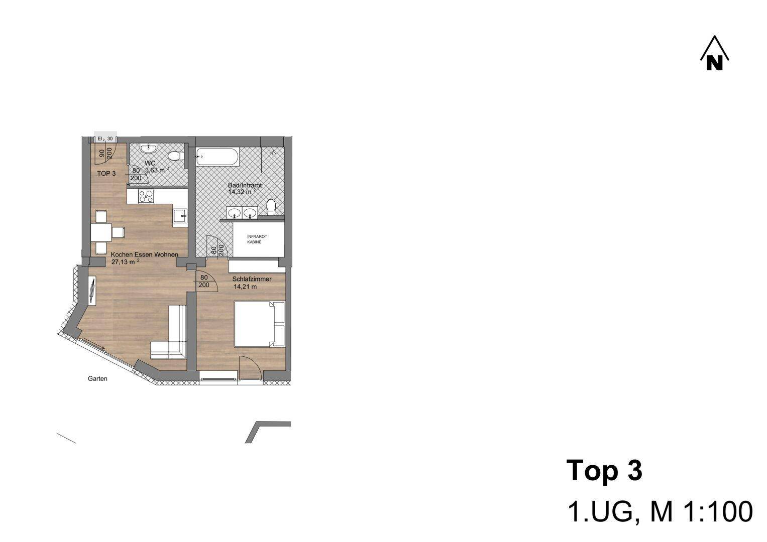 Grundriss der Einheit Top 3 im ersten Untergeschoss mit Wohn-Essbereich und Schlafzimmer.