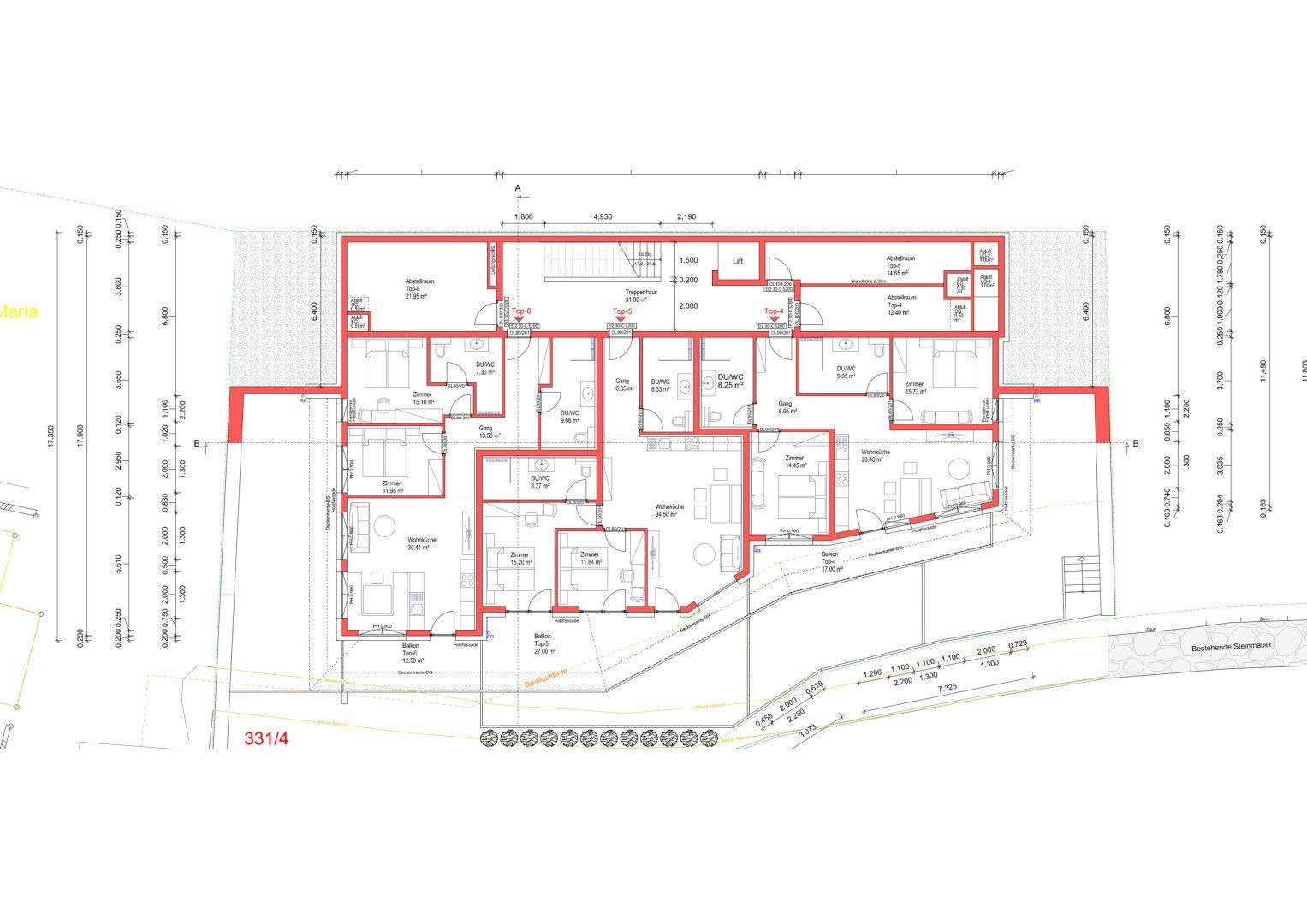 Grundriss einer weiteren Etage mit verschiedenen Wohneinheiten und Balkonzugängen.