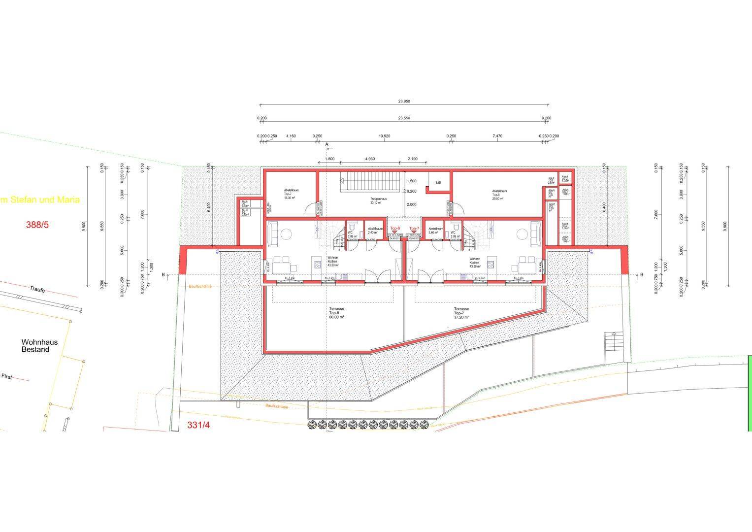 Grundriss einer Etage mit zwei Wohneinheiten und großzügigen Terrassenflächen.