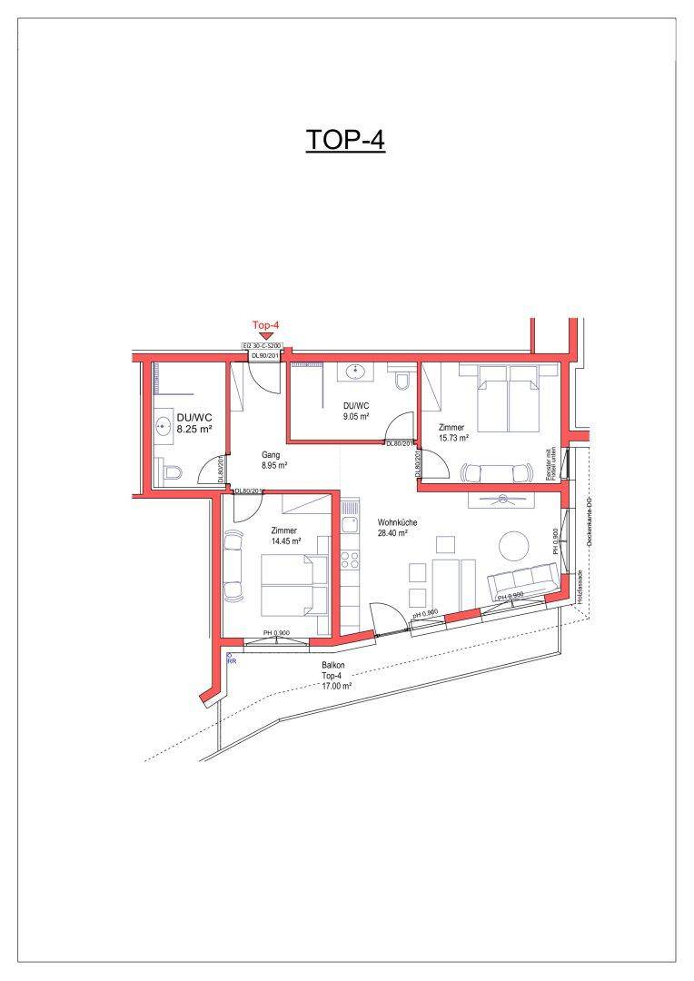 Grundriss der Einheit TOP-4 mit Wohnküche, zwei Zimmern und einem großzügigen Balkon.